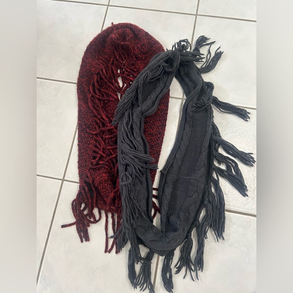 Red and Gray Fringe Infinity Scarves